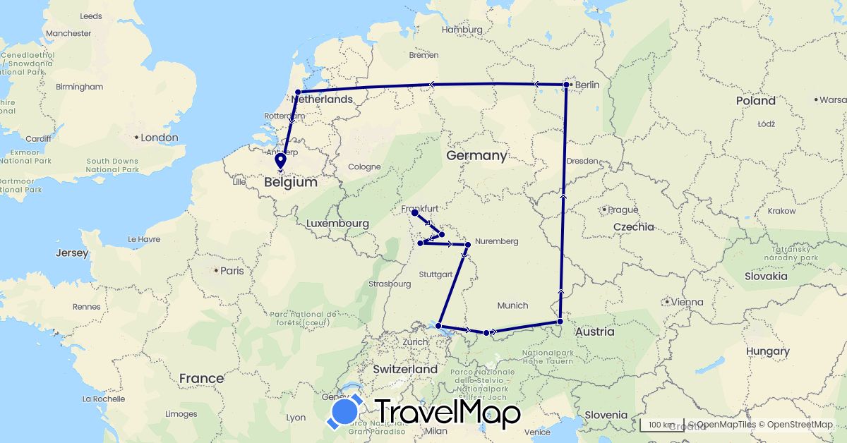 TravelMap itinerary: driving in Austria, Belgium, Germany, Netherlands (Europe)